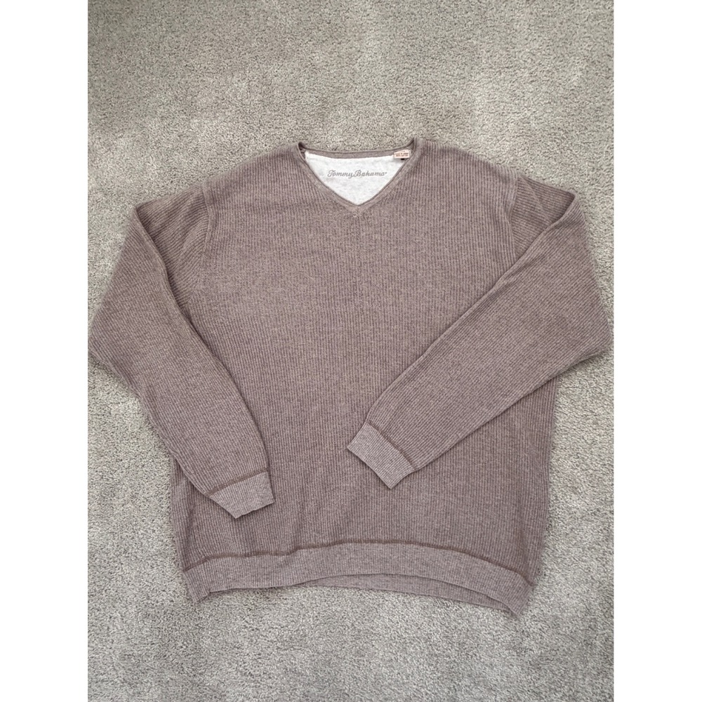 Tommy Bahama Mens XL V-Neck Ribbed Knit Cotton Sweater Brown Long Sleeve